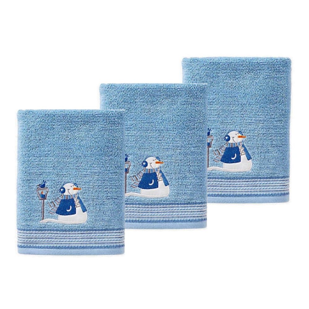 3 new Winter Wonderland Snow Buddies Bath Towels with Snowman, Bird, Street Lamp